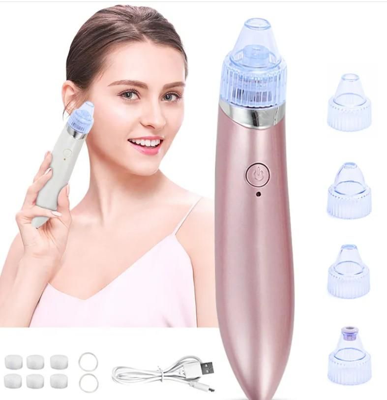 Vacuum acne pore cleaner device with multiple attachments and a user holding it for easy skin care