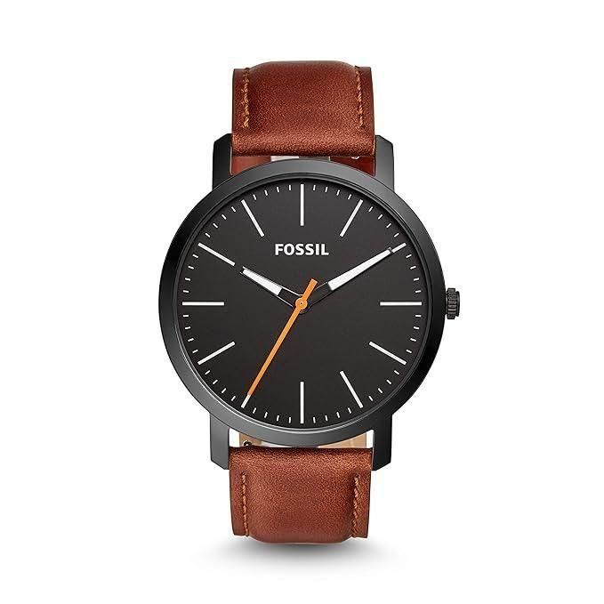 Fossil premium watch catalogs featuring a modern black dial and brown leather strap