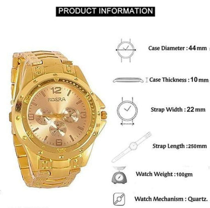 Gold stainless steel watch men featuring a 44mm case and quartz mechanism for stylish timekeeping