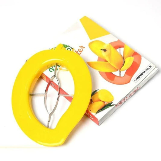 Mango slicer tool in yellow with packaging, designed for easy mango slicing in the kitchen