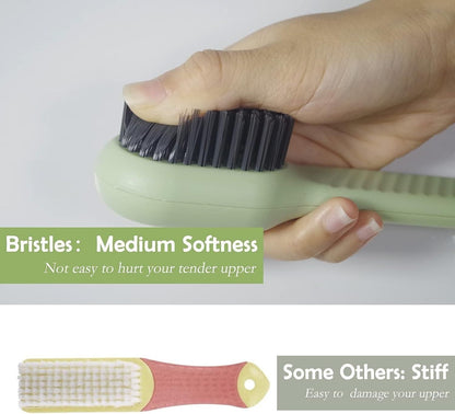 Hand holding a multifunctional shoe brush with medium softness bristles for gentle cleaning