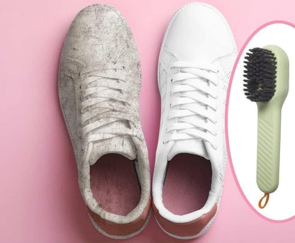 Comparison of clean and dirty shoes with a multifunctional shoe brush for easy cleaning.