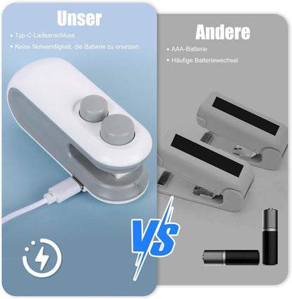 Mini heat sealing machine for food storage in white and gray with USB-C charging and battery comparison