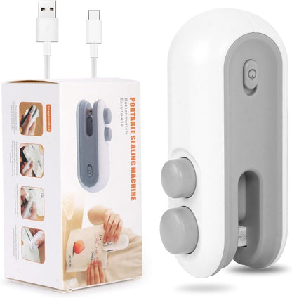 Portable mini heat sealing machine for food storage shown with USB connection for easy use