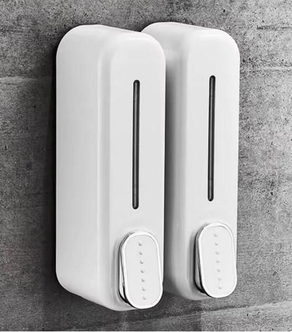 Modern wall-mounted soap dispenser in sleek white with dual compartments for easy access